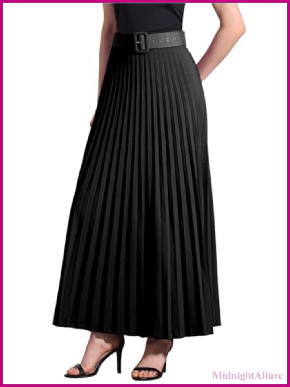 High Waist Pleated Maxi Skirt Flowy A-Line with Belt